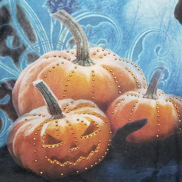 Holiday Traditions Size M Halloween AOP Top Black Cat Pumpkin Bats Spooky Scary - Picture 4 of 9